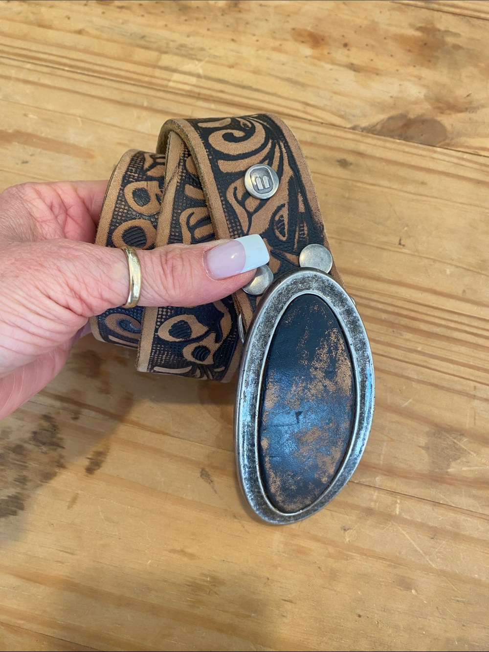 Buckle Brand Brown Tooled Leather Belt with Oval Antiqued Buckle